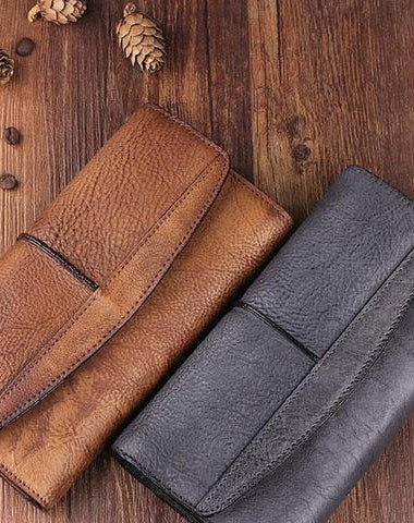 Handmade Leather Mens Cool Long Leather Wallet Trifold Clutch Wallet for Men
