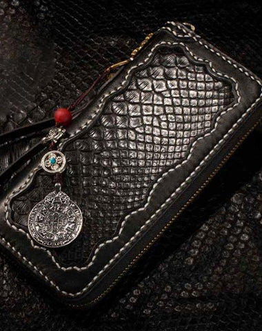 Handmade Leather Python Skin Mens Chain Biker Wallet Cool Leather Wallet Long Phone Wallets for Men