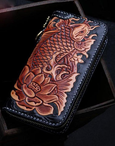 Handmade Leather Tooled Carp Mens Chain Biker Wallet Cool Leather Wallet Zipper Long Phone Wallets for Men
