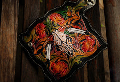 Handmade leather biker trucker wallet black skull floral leather chain men Carved Tooled wallet