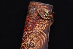 Handmade biker wallet coffee color carved prajna ghost leather long wallet for men
