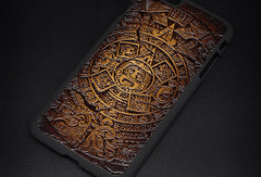 Handmade leather Mayan solar calendar carved leather plastic phone case iphone custom phone case