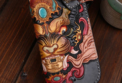 Handmade leather Long Chinese Monster biker trucker chain wallet leather men Carved Tooled wallet