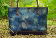 Handmade leather tote bag vintage leaves Tan blue shoulder bag large retro for her