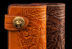 Handmade leather indian chief skull brown coffee carved biker wallet trucker billfold wallet for men