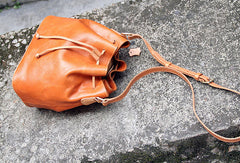 Handmade vintage bucket leather black bag orange shoulder bag crossbody for women