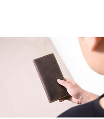 Handmade Black Leather Mens Bifold Long Wallet Personalized Black Checkbook Wallets for Men