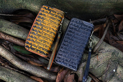 Handmade Leather Tibetan Scriptures Long Biker Wallet Tooled Zipper Clutch Wristlet Wallet for Men