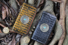 Handmade Leather Tibetan Scriptures Long Biker Wallet Tooled Zipper Clutch Wristlet Wallet for Men