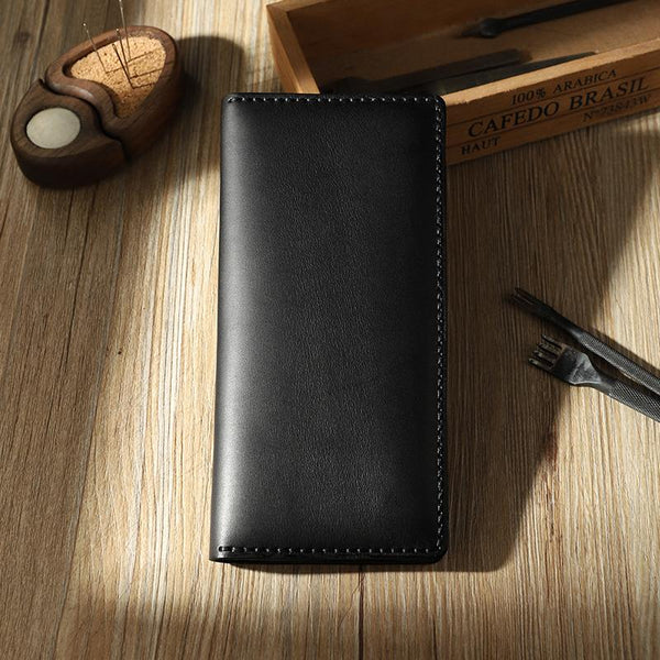 Handmade Black Mens Bifold Long Wallets Personalized Black Leather Checkbook Wallets for Men