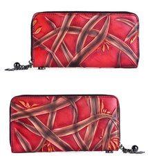 Handmade Bracketplant Red Leather Wristlet Wallet Womens Zip Around Wallets Flowers Ladies Zipper Clutch Wallet for Women