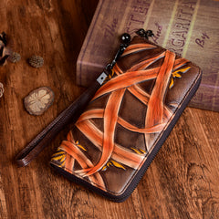 Handmade Bracketplant Brown Leather Wristlet Wallet Womens Zip Around Wallets Flowers Ladies Zipper Clutch Wallet for Women