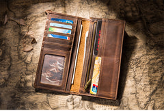 Handmade Brown Leather Long Wallet Bifold Multi Cards Checkbook Wallet for Men