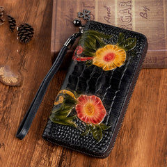Handmade Floral Black Leather Wristlet Wallet Crocodile Pattern Womens Zip Around Wallets Flowers Ladies Zipper Clutch Wallet for Women