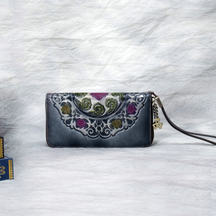 Handmade Floral Brown Leather Wristlet Wallet Womens Zip Around Wallets Floral Cards Ladies Zipper Clutch Wallet for Women