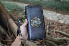 Handmade Leather Tibetan Long Biker Wallet Cool Zipper Clutch Wristlet Wallet for Men