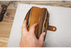 Handmade Leather Mens Bifold Long Wallet Checkbook Clutch Wallet Lots Cards Long Wallet for Men