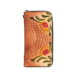 Handmade Brown Leather Wristlet Wallet Womens Floral Zip Around Wallets Flowers Ladies Zipper Clutch Wallet for Women
