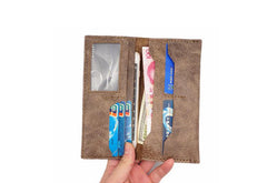 Handmade Slim Leather Mens Bifold Long Wallets Checkbook Wallet Lots Cards Long Wallet for Men
