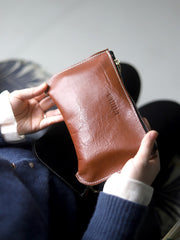 Handmade Women Leather Clutch Wallet Brown Slim Zip Clutch Phone Purse For Women