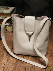 Fashion Womens Brown Leather Bucket Shoulder Bag White Soft Leather Bucket Crossbody Bag Purse