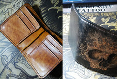 Handmade skull small leather wallet men tooled cool billfold wallet for him