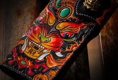 Handmade leather biker trucker wallet leather chain men monster Black Carved Tooled wallet