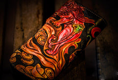 Handmade leather biker trucker wallet leather chain men monster Black Carved Tooled wallet