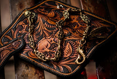 Handmade Skull leather biker trucker wallet leather chain men Brown Black Carved Tooled wallet