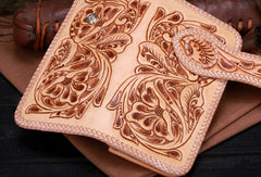 Handmade leather beige floral biker trucker flowers wallet leather chain men Black Tooled wallet