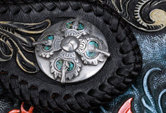 Handmade leather black carp floral biker trucker flowers wallet leather chain men Black Tooled wallet