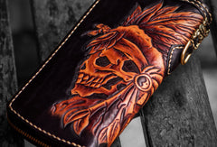 Handmade leather Indian Skull Chief biker wallet clutch zip long wallet brown leather men phone