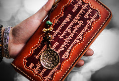 Handmade leather Tibetan scriptures biker wallet clutch zip long wallet brown leather men phone