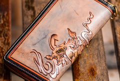 Handmade leather brown toad biker wallet clutch zip long wallet brown leather men Tooled