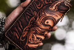 Handmade leather Sakyamuni biker wallet clutch zip long wallet black leather men phone