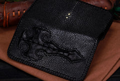 Handmade leather Pearl fish crocodile skin long biker trucker wallet leather clutch men Black Tooled wallet