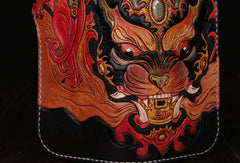 Handmade leather Long biker trucker wallet leather chain men Black Carved Tooled wallet