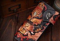 Handmade leather Long biker trucker wallet leather chain men Black Carved Tooled wallet
