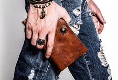 Cool Leather Mens Long Wallet Vintage Slim Long Bifold Wallet for Men