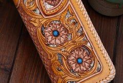 Handmade leather biker trucker floral flowers wallet leather chain men Black Carved Tooled wallet