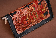 Handmade leather Long Black Chinese Lion wallet leather men zip clutch Tooled wallet