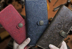 Handmade long leather wallet flowral leather clutch wallet for men women