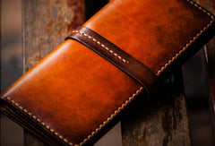 Handmade leather long clutch biker trucker chain wallet coffee brown leather men wallet