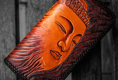 Handmade leather clutch zip long wallet black buddha leather men Tooled