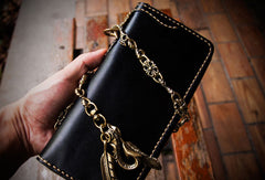 Handmade leather zip biker long trucker clutch wallet black leather chain men wallet