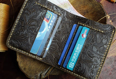 Handmade small leather wallet flowral leather billfold wallet for men women