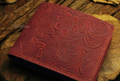 Handmade small leather wallets flowral leather billfold wallet for men women