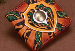 Handmade billfold leather wallet men tooled carved billfold wallet for him