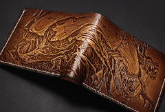 Handmade Alien tooled carved leather custom billfold wallet for men gamers fan