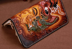 Handmade leather Brown Long Buddha devil wallet leather men clutch Tooled wallet